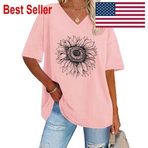 Oversized V-Neck T-Shirt Loose Fit Casual Summer Tunic Tee Chic